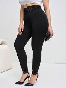 SHEIN Clasi Leggings noirs patchwork en dentelle à taille élastique pour femmes grandes tailles, tenues de sortie, Saint-Valentin, été/printemps, vintage, vêtements de travail pour femmes, style Old Money