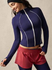 VARSITIE Long Sleeve Workout Top Jacket Women's Front Zip Up Casual Slim Fit - Navy Blue - View 7