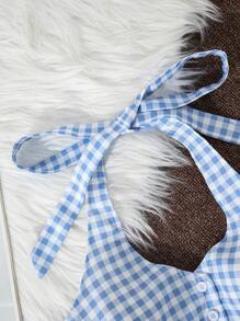 Sweetra 香港风格格子细肩带蝴蝶结吊带背心，性感露背无袖女式衬衫 - 藍白色 - 查看 3