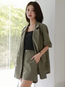 DAZY Bộ 2 món đồ công sở cho nữ, áo khoác blazer tay ngắn dáng rộng màu trơn và quần short, vải lanh mùa xuân/hè, bộ đồ ngắn cho nữ - màu xanh lá - Xem 4