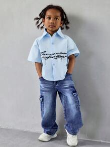 Young Boys' Casual Denim Jeans, Fashionable Utility Straight Leg Washed Blue Jeans, All Season - Dark Wash - View 5