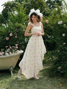 SHEIN MOD Beige Organza Ditsy Floral Dress,  Long Summer Dress,Bohemian Dress,Western Dress,Easter Dress,Vacation Dresses Woman,Summer Dresses For Women,Modest Dresses For Women,Flowy Dress,Graduation Dress,Vintage Dress,Floral Dress Women