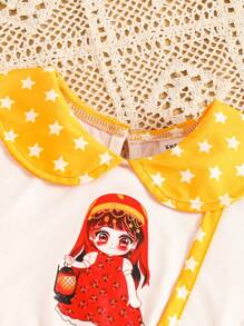 Mädchen Süßes Mädchen & Laterne & Sterne Muster Peter Pan Kragen Kurzarm Kleid, zeigt fantasievolles und kulturelles Flair, sehr ansprechend für kleine Mädchen. Das einzigartige Peter Pan Kragen Design macht das Kleid noch süßer und eleganter, perfekt für den niedlichen Auftritt kleiner Mädchen. Geeignet für verschiedene Anlässe wie Alltagstragen, Familientreffen, Feste oder Outdoor-Aktivitäten, modisch und verspielt.