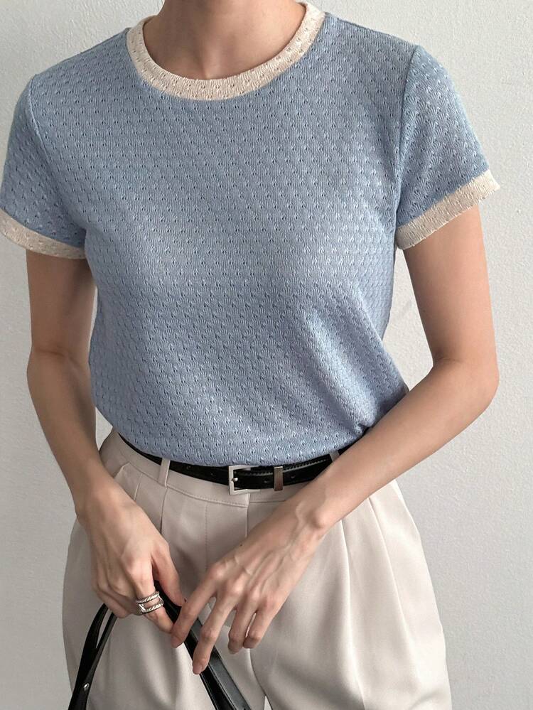 Women's New Summer Contrast Color Regular Shoulder Mesh Knit Top, Unique & Stylish Fitted Short Sleeve T-Shirt