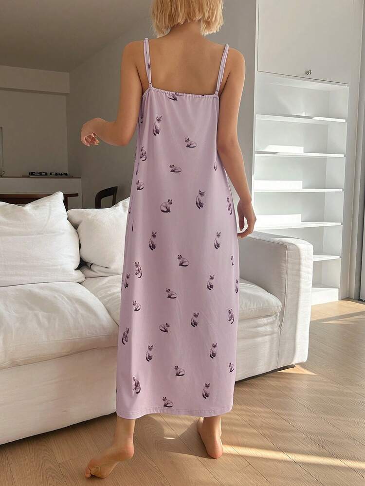 Cute Cat Pattern All-Over Print Women Slip Nightgown Pajama