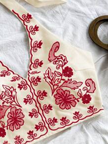 Soleia Women Summer Vacation Tie Back Floral Embroidered Halter Crop Top And A-Line Mini Skirt Suit No Chest Padding - Red - View 4