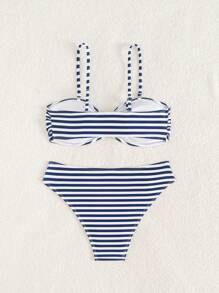 Women Classic Blue & White Striped Strapless Midriff Sporting Bikini 2 Pieces Swimwear, New Summer Beach Outfits - Blue and White - View 5