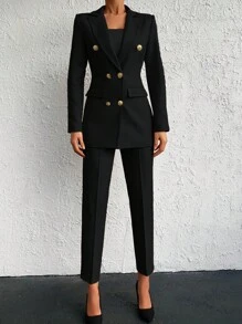 EURMUSE Solid Colored Double Breasted Coat And Pants Suit - Black - View 6