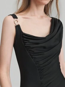 Ontre Women's Black Elegant Urban Pleated Asymmetrical Collar Split Hem Dress - Black - View 1