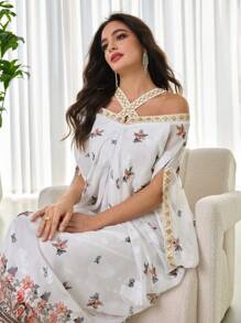 Modelyn Damen Kleid mit Schulterausschnitt, Mesh, Blume Muster und Rüschensaum für den Frühling