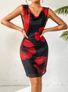 Breezaya Women's Red Hibiscus Floral Print Sleeveless Open Back Tie Back Mini Dress