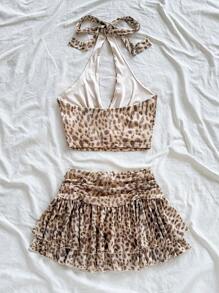Soleia Áo vest hở lưng cổ chữ V in họa tiết da báo cổ điển dành cho nữ kèm chân váy xếp ly 2 món mặc đi nghỉ thường ngày - Nhiều màu - Xem 2