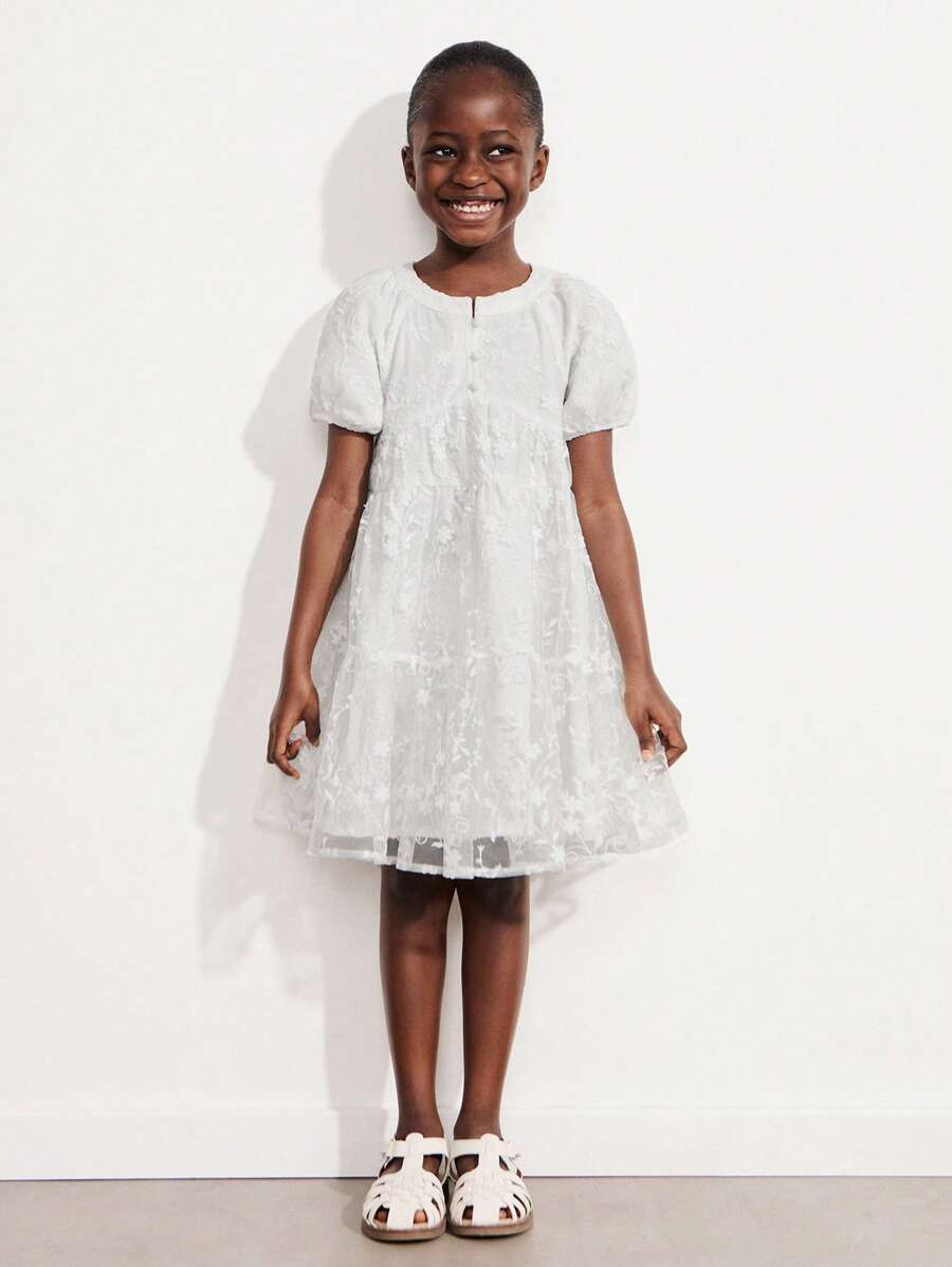 SHEIN Young Girls' Embroidered Ruffled Dresses - White - View 1