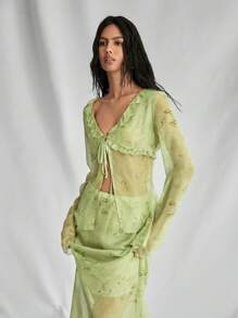 SHEIN Unity 2件套女式波西米亚风格深V领荷叶边透明印花节日度假装 - 綠色 - 查看 4