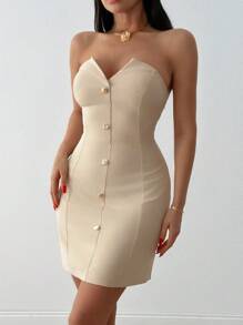 EURMUSE Petite Style Button Detailed Frenchy Style Short Dress - Beige - View 3