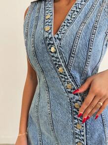 EURMUSE V NECK ANVELOP DENIM MINI DRESS Simple Fashion Daily Casual Jeans Dresses - Medium Wash - View 6