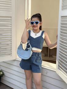 Set de 2 piezas de look casual de moda coreana para niñas preadolescentes, con diseño estilizado Y2K que incluye top con tirantes y pantalones vaqueros anchos y lavados, colección primavera-verano 2025, apto para uso diario, fiestas y viajes