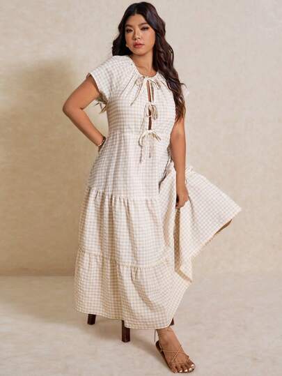 Elaquor 大码女式格子系带短袖休闲荷叶边下摆连衣裙