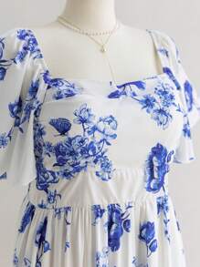 SHEIN WYWH Plus Size Women Floral & Animal Print Ruffle Sleeve Elastic Waist Casual Dress, Vintage Style, Suitable For Summer Vacation, Back To School, Lunch, Casual Occasions, Bachelorette