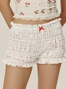 Poéselle 女士休闲简约日常短裤，可爱的波尔卡圆点褶饰短裤，带蝴蝶结细节，别致的夏季荷叶边短裤， - 白色 - 查看 4