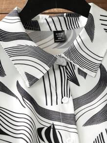 Lacomfia Elegant Digital Printed Plus Size Shirt Blouse - Black and White - View 3