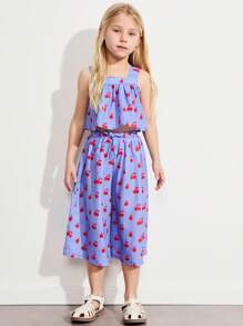 THE HAPPY LOOK Conjunto de top de tirantes y pantalones de pierna ancha con estampado de cerezas para niñas, ideal para verano