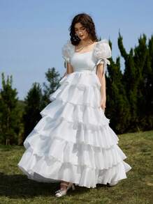 SHEIN MOD White Dreamy Romantic Elegant Multi-Layer Tulle Dress With Tiered Ruffle Trim And Bow Decor, Suitable For Date, Party, Holiday, Tea Party, Birthday,Valentine's Day,Summer Outfits For Women,Beach Outfits For Woman,Rave Outfits Festival,Vacation Outfits Woman,Festival Outfits For Women,Easter Outfits Women,Date Night Outfits Women