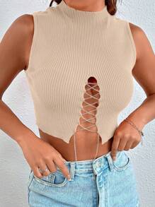 Chiquease 时尚性感链条交叉绷带短款针织上衣 - 杏色 - 查看 3