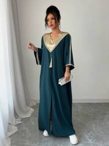 SHEIN Raffinéa 女款拼接宽松长裙和长裤套装 - 墨綠色 - 查看 4