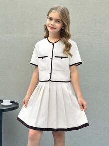 SHEIN Nova Glow Tween 女童梭织拼色短袖上衣和百褶裙套装 - 杏色 - 查看 6