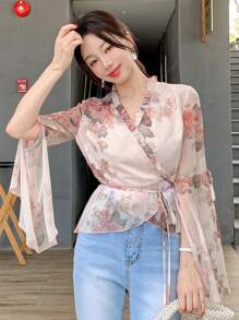 DAZY Spring New Casual Plant Print With Bowknot Decor Women Blouse, Valentine's Day,Ruffle - Pink - View 7