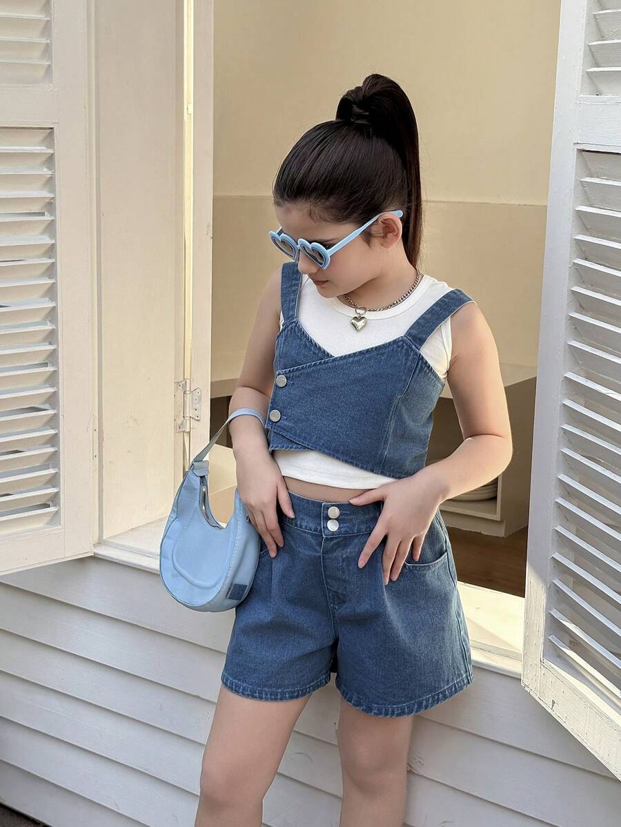Set de 2 piezas de look casual de moda coreana para niñas preadolescentes, con diseño estilizado Y2K que incluye top con tirantes y pantalones vaqueros anchos y lavados, colección primavera-verano 2025, apto para uso diario, fiestas y viajes
