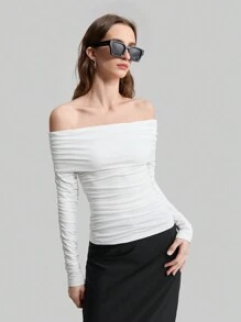 Ontre Women 90s Style Off Shoulder Ruffle Long Sleeve Fitted Knit Top, White - White - View 6