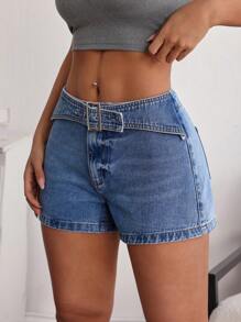 SHEIN ICON Short informal de mezclilla con cinturón para tallas grandes de verano - Azul - Ver 5