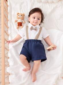 SHEIN 2 Stücke Set für Neugeborene, Jungen, entzückendes Sommer-Set mit weißem Hemd und Hosenträger-Shorts, geeignet für Geburtstagspartys, formelle Anlässe, Hochzeiten, Babypartys und die Feier des 1. Geburtstags - Verschiedenfarbig - Übersicht 4