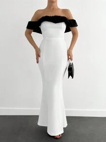 EURMUSE Two Tones Off Shoulder Ruffle Trim Bodycon Dress, Elegant Dress - White - View 3