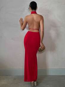 SHEIN BAE Elegant Solid Color Red Halter Backless Dress, Suitable For Vacation, Party, Romantic Date, Gathering With Friends, Cocktail Party - Red - View 2