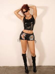 SHEIN ICON Y2K 春夏黑色花卉街头服饰 Gyaru 女士低腰花卉印花 PU 皮革图案系带短裤