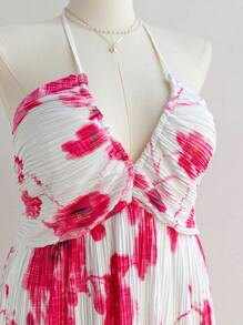 Soleia Plus Size Women Floral Tie Dye Pleated Backless Loose Vacation Dress, Suitable For Back To School, Fall Season