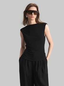 Ontre 女士黑色优雅简约复古硬币图案露背垂领吊带背心上衣，适合办公室穿着