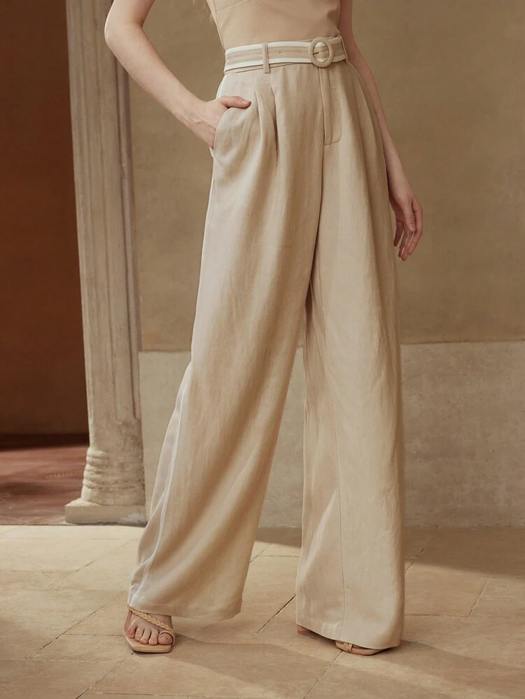 LINEN CONTRAST TRIM SUIT PANTS