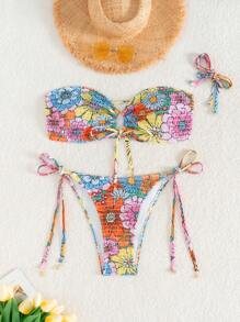 SHEIN Swim 2 件套春假波西米亚风印花扭纹前抹胸比基尼套装，节日波西米亚风 - 彩色 - 查看 1