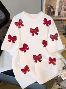 Chiquease Women Casual 3D Bow Decor Short Sleeve T-Shirt