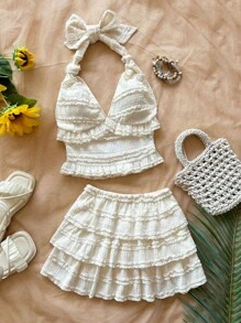 Soleia 花卉纹理打结挂脖迷你裙套装 - 白色 - 查看 6