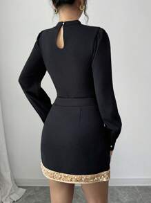 Selianne 2pcs/Set Women Fall/Winter Elegant Sequin Bow Decoration Shirt And Skirt Suit - Multicolor - View 2