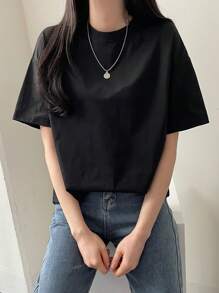 DAZY Áo thun nữ cổ tròn tay ngắn dáng rộng dài màu trơn mùa hè Áo thun oversize thời trang học sinh - màu đen - Xem 4