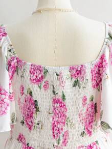 Dreamara Plus Size Women Vintage Purple & White Floral Print Ruffle Sleeve Elastic Waist Long Casual Vacation Dress, Back To School, Cute, Casual, Bachelorette Party, Summer - Multicolor - View 8