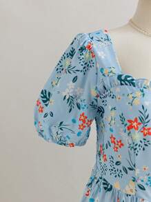 Soleia WYWH Holiday Pastoral Romantic Multi-Color Floral Puff Sleeves Front Button-Down Square Collar Plus Size Dress Long