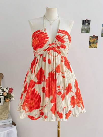 Dreamara 大码女式花卉浸染褶皱露背宽松连衣裙，适合度假、毕业、返校、秋季