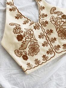 Soleia 2 件套：度假复古风格女式花卉刺绣露背短款上衣，搭配系带和迷你 A 字裙，米色底 - 棕色 - 查看 3